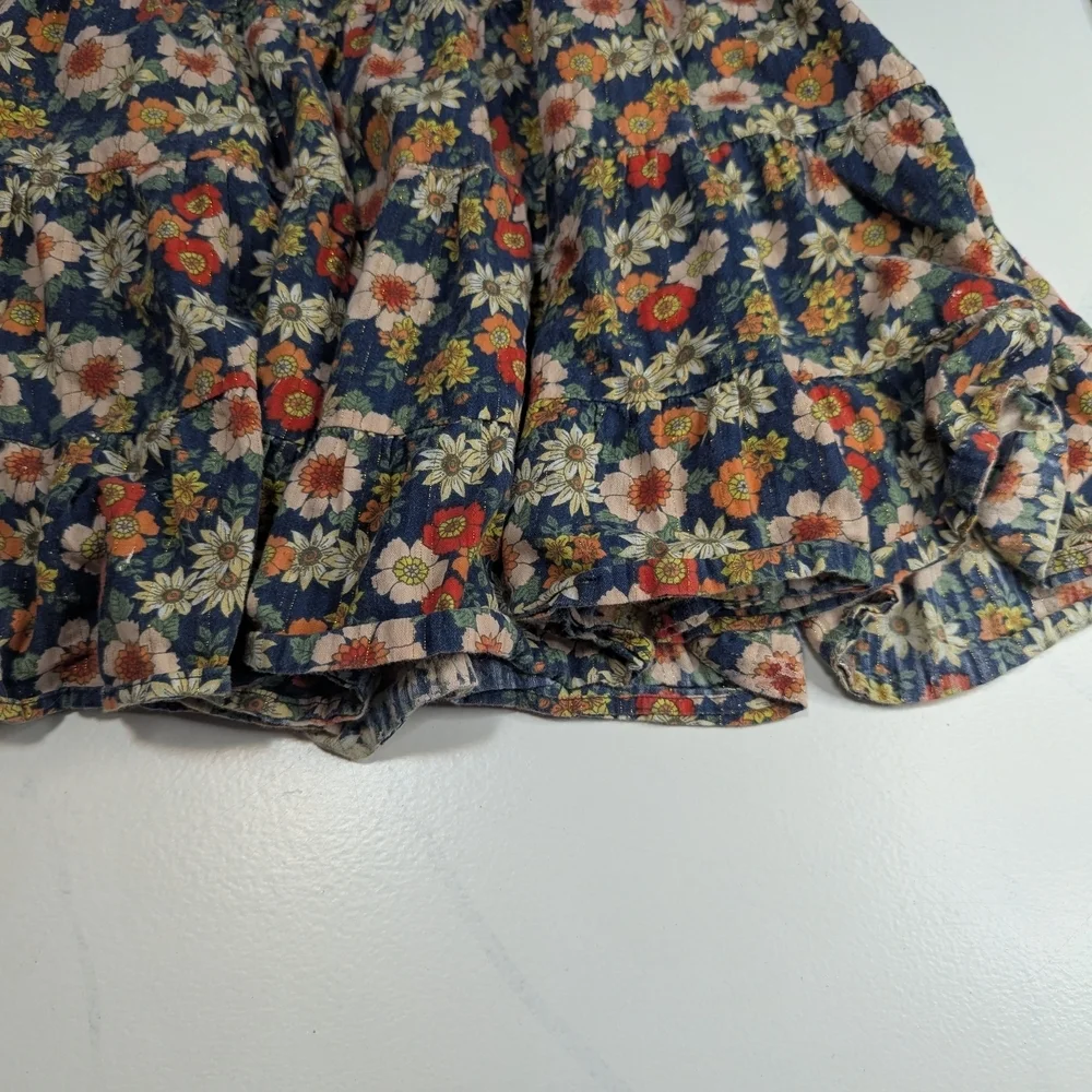 Bonton Paris Girls Calypso Floral Midi Dress 70s Navy Blue Lurex Tiered Size 4